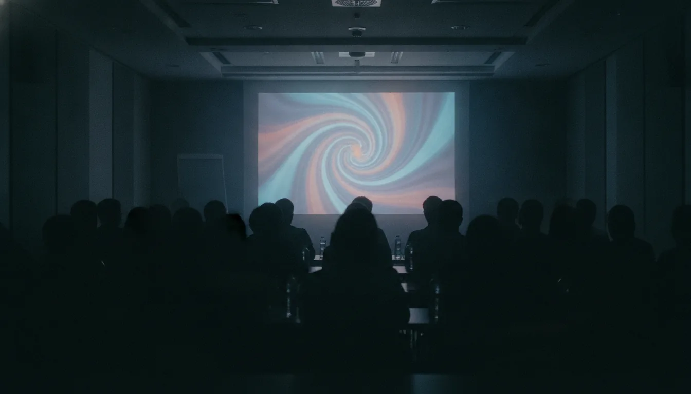 View from the back of a conference room: audience silhouettes facing an unreadable projection screen.